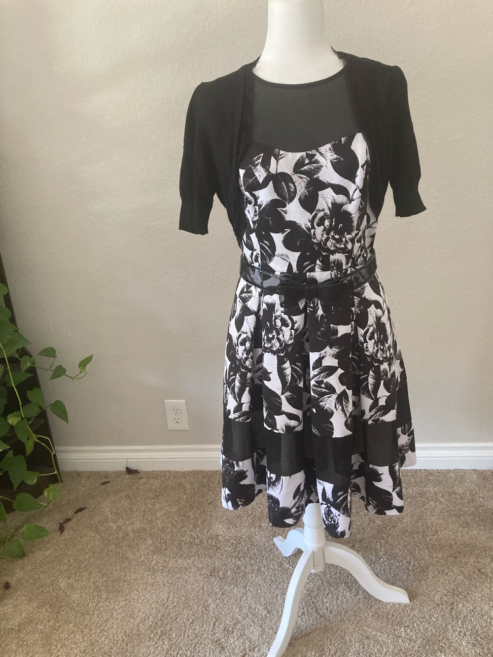 Black & White Floral Fit-and-Flare Dress with Black Shrug